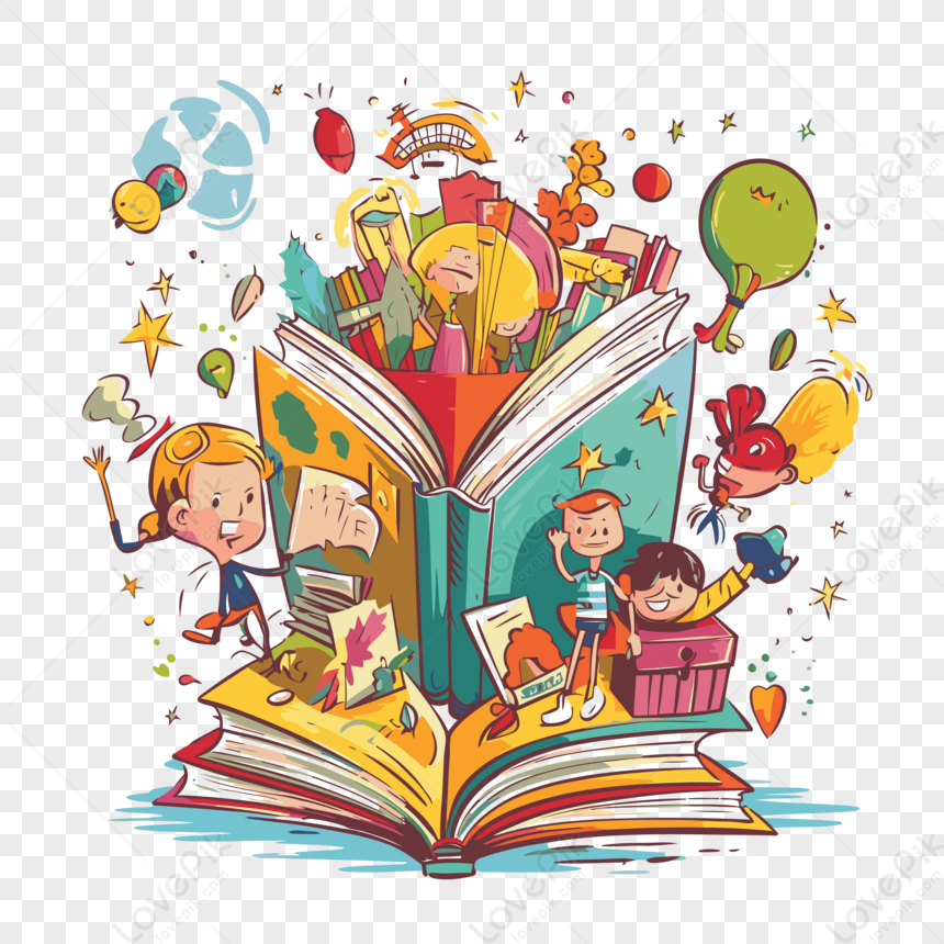 Literacy Clipart Cartoon Kids Studying In An Open Book With Various 