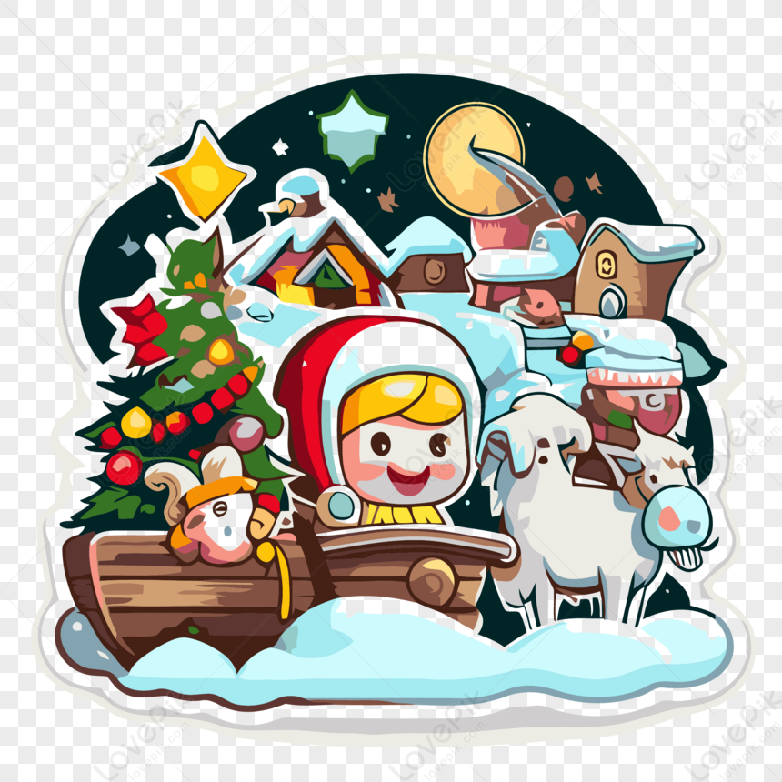 そりに乗った小さな女の子と動物たちのクリスマス用ステッカー ベクターイラスト,小さな動物 イラスト， 小さな女の子, 小さな, ステッカー フリー素材  透過 - Lovepik