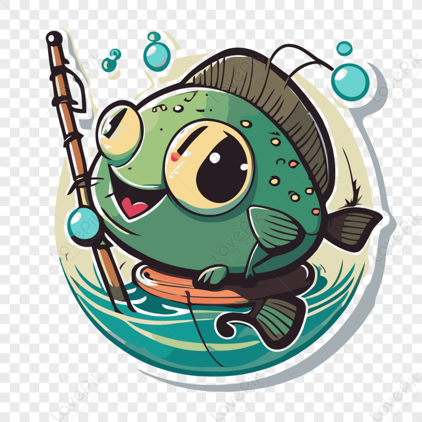 Cartoon Fish Sticker With A Fishing Rod Clipart Vector PNG White  Transparent And Clipart Image For Free Download - Lovepik