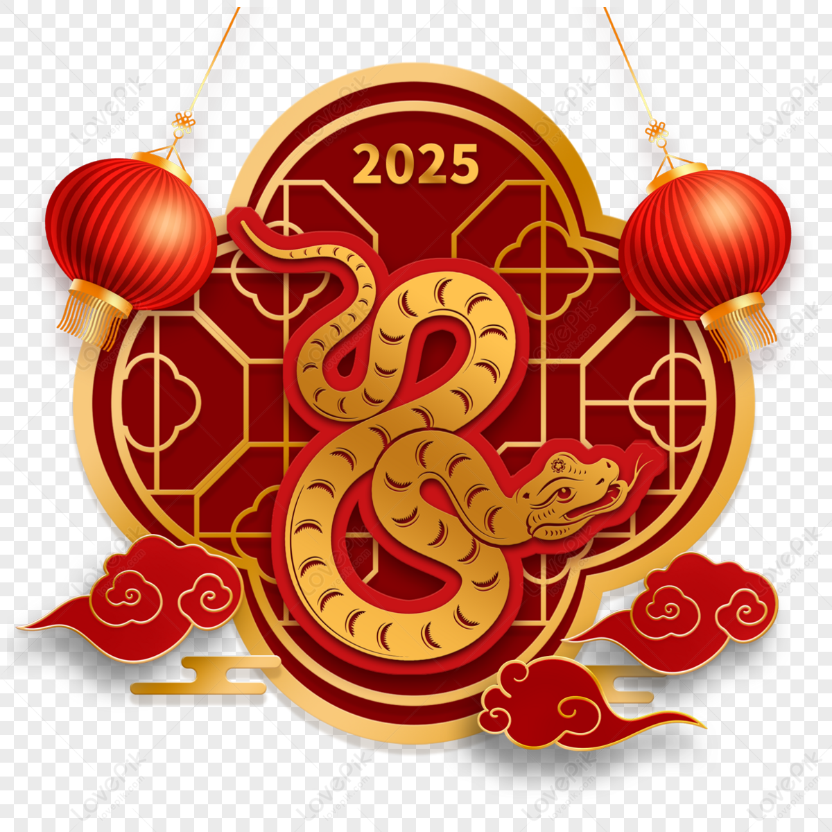 Year Of The Snake 2025 New Year Red Gold Paper Cut Border PNG